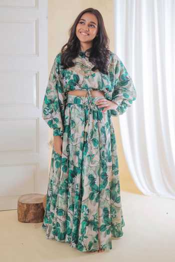 Buy_Lil Angels_Cream Silk, Kota Doria, Cotton Leaf Print Lehenga And Blouse Set _at_Aza_Fashions