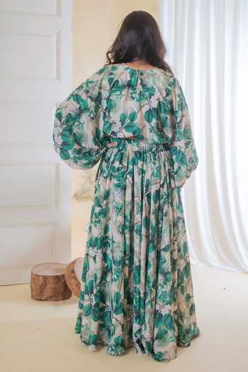 Shop_Lil Angels_Cream Silk, Kota Doria, Cotton Leaf Print Lehenga And Blouse Set _at_Aza_Fashions