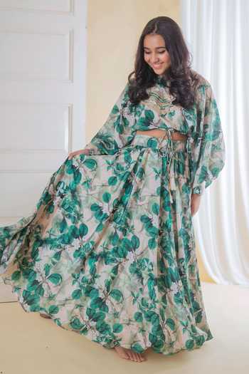 Lil Angels_Cream Silk, Kota Doria, Cotton Leaf Print Lehenga And Blouse Set _Online_at_Aza_Fashions