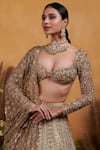 K&A By Karishma and Ashita_Green Shantoon Hand Embroidered Zardozi Plunge Gerbera Bridal Lehenga Set _Online_at_Aza_Fashions