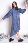 Chillosophy_Blue Chambray Plain Shirt Collar Selena Pleated Sleeve Dress  _Online_at_Aza_Fashions