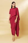 Buy_Aakaar_Red Moss Crepe Embellishment Cutdana High Neck Midnight Cape Gown _Online_at_Aza_Fashions