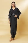 Buy_Aakaar_Black Moss Crepe Embroidery Bugle Beads V Neck Waist Draped Gown _at_Aza_Fashions