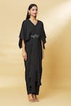 Aakaar_Black Moss Crepe Embroidery Bugle Beads V Neck Waist Draped Gown _Online_at_Aza_Fashions