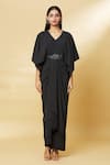 Shop_Aakaar_Black Moss Crepe Embroidery Bugle Beads V Neck Waist Draped Gown _Online_at_Aza_Fashions