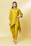 Buy_Aakaar_Yellow Cotton Silk Embroidery Sequin Spread Collar Tunic And Draped Pant Set _at_Aza_Fashions