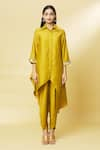 Aakaar_Yellow Cotton Silk Embroidery Sequin Spread Collar Tunic And Draped Pant Set _Online_at_Aza_Fashions