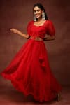 Buy_Ranng Label_Red Pure Organza Top V Neck And Bralette Sweetheart Puff Sleeves & Lehenga Set _at_Aza_Fashions