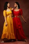 Buy_Ranng Label_Red Pure Organza Top V Neck And Bralette Sweetheart Puff Sleeves & Lehenga Set _Online_at_Aza_Fashions