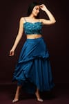 Buy_Ranng Label_Blue Natural Crepe Embroidery 3d Floral Strappy Crop Top And Layered Skirt Set _Online_at_Aza_Fashions