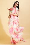 Shop_Ranng Label_Pink Organza Satin Print And Embroidery Sequin High Pre-draped Saree With Blouse _Online_at_Aza_Fashions