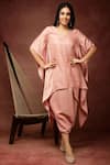 Buy_Ranng Label_Pink Semi Silk Satin Embroidery Sequin V Neck Striped Kurta And Dhoti Pant Set _at_Aza_Fashions