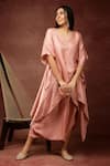 Ranng Label_Pink Semi Silk Satin Embroidery Sequin V Neck Striped Kurta And Dhoti Pant Set _Online_at_Aza_Fashions