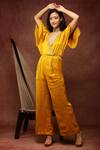 Buy_Ranng Label_Yellow Semi Silk Satin V Neck Neckline Embroidered Jumpsuit _at_Aza_Fashions