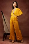 Ranng Label_Yellow Semi Silk Satin V Neck Neckline Embroidered Jumpsuit _Online_at_Aza_Fashions