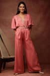 Buy_Ranng Label_Pink Semi Silk Satin Embroidery V Neck Neckline Jumpsuit _at_Aza_Fashions