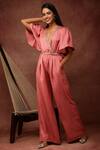 Ranng Label_Pink Semi Silk Satin Embroidery V Neck Neckline Jumpsuit _Online_at_Aza_Fashions