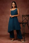 Ranng Label_Blue Jet Spun Embellishment Crystals One Shoulder Kurta And Pant Set _Online_at_Aza_Fashions