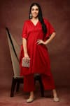 Buy_Ranng Label_Red Semi Silk Embroidery Thread And Sequin V Kaftan Kurta & Pant Set _at_Aza_Fashions