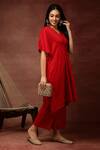 Ranng Label_Red Semi Silk Embroidery Thread And Sequin V Kaftan Kurta & Pant Set _Online_at_Aza_Fashions