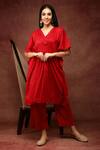 Buy_Ranng Label_Red Semi Silk Embroidery Thread And Sequin V Kaftan Kurta & Pant Set _Online_at_Aza_Fashions