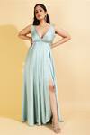 Buy_Ranng Label_Green Luxury Satin Crystals V Neck Strappy Maxi Dress _at_Aza_Fashions