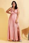 Buy_Ranng Label_Pink Luxury Satin Crystals V Neck Strappy Gown _at_Aza_Fashions