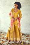 Kharakapas Yellow Cotton Floral Leaf Neck Halda Embroidered Kurta Set Online at Aza Fashions Kharakapas_Yellow Cotton Floral Leaf Neck Halda Embroidered Kurta Set _Online_at_Aza_Fashions
