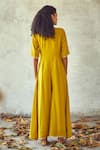Shop_Kharakapas_Yellow Cotton Silk Plain V Neck Jumpsuit _at_Aza_Fashions