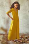 Kharakapas_Yellow Cotton Silk Plain V Neck Jumpsuit _Online_at_Aza_Fashions
