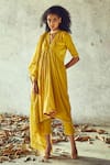 Buy Kharakapas Yellow Cotton, Kota Doriya Floral V Neck Embroidered Kurta Set at Aza Fashions Buy_Kharakapas_Yellow Cotton, Kota Doriya Floral V Neck Embroidered Kurta Set _at_Aza_Fashions
