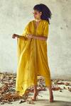 Kharakapas Yellow Cotton, Kota Doriya Floral V Neck Embroidered Kurta Set Online at Aza Fashions Kharakapas_Yellow Cotton, Kota Doriya Floral V Neck Embroidered Kurta Set _Online_at_Aza_Fashions