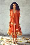 Buy_Kharakapas_Orange Cotton Mulmul Floral Embroidered Anarkali And Pant Set_at_Aza_Fashions