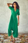 Buy Kharakapas Green Cotton Silk Plain V Neck Jumpsuit at Aza Fashions Buy_Kharakapas_Green Cotton Silk Plain V Neck Jumpsuit _at_Aza_Fashions