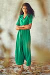 Kharakapas Green Cotton Silk Plain V Neck Jumpsuit Online at Aza Fashions Kharakapas_Green Cotton Silk Plain V Neck Jumpsuit _Online_at_Aza_Fashions