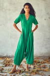 Buy Kharakapas Green Cotton Silk Plain V Neck Jumpsuit Online at Aza Fashions Buy_Kharakapas_Green Cotton Silk Plain V Neck Jumpsuit _Online_at_Aza_Fashions