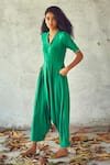 Shop Kharakapas Green Cotton Silk Plain V Neck Jumpsuit Online at Aza Fashions Shop_Kharakapas_Green Cotton Silk Plain V Neck Jumpsuit _Online_at_Aza_Fashions