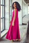 Shop Kharakapas Pink Cotton Silk Plain V Neck Jumpsuit at Aza Fashions Shop_Kharakapas_Pink Cotton Silk Plain V Neck Jumpsuit _at_Aza_Fashions