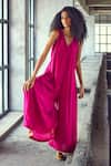 Shop Kharakapas Pink Cotton Silk Plain V Neck Jumpsuit Online at Aza Fashions Shop_Kharakapas_Pink Cotton Silk Plain V Neck Jumpsuit _Online_at_Aza_Fashions