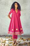 Buy_Kharakapas_Pink Mulmul Floral, Gota V Neck Poshak Embroidered Anarkali And Pant Set _at_Aza_Fashions
