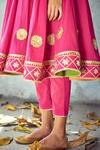 Kharakapas_Pink Mulmul Floral, Gota V Neck Poshak Embroidered Anarkali And Pant Set _at_Aza_Fashions