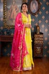 Abbaran_Yellow Cotton Silk And Embroidery Foil V Neck Lehenga Set _Online_at_Aza_Fashions