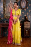 Buy_Abbaran_Yellow Cotton Silk And Embroidery Foil V Neck Lehenga Set _Online_at_Aza_Fashions