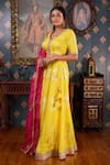 Shop_Abbaran_Yellow Cotton Silk And Embroidery Foil V Neck Lehenga Set _Online_at_Aza_Fashions