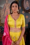 Abbaran_Yellow Cotton Silk And Embroidery Foil V Neck Lehenga Set _at_Aza_Fashions