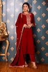 Buy_Abbaran_Maroon Viscose Velvet Woven Floral Motifs Notched Straight Kurta Pant Set _at_Aza_Fashions