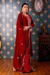 Abbaran_Maroon Viscose Velvet Woven Floral Motifs Notched Straight Kurta Pant Set _Online_at_Aza_Fashions