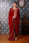 Shop_Abbaran_Maroon Viscose Velvet Woven Floral Motifs Notched Straight Kurta Pant Set _Online_at_Aza_Fashions