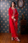 Buy_Abbaran_Pink Viscose Velvet Woven Floral Motifs Notched Straight Kurta Pant Set _at_Aza_Fashions