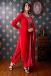 Abbaran_Pink Viscose Velvet Woven Floral Motifs Notched Straight Kurta Pant Set _Online_at_Aza_Fashions